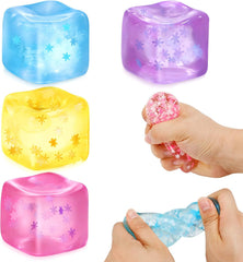 Fidget Toy Stress Cube- 4 Pack Sensory Squeeze Toys, Slow Rising Squishy Cube Filled with Thick Substance and Snowflakes Crafts, Anxiety Stress Relief Calming Tool for Adults and Kids