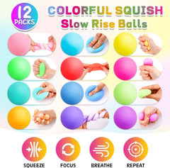 12 Pack Slow Rising Stress Ball,Stress Balls for Kids Adults,Stretchy Fidget Toys for Stress Relief,Hand Therapy Sensory Squishy Ball, Squishy Toys for Kids, Classroom Prize Box Party Favors