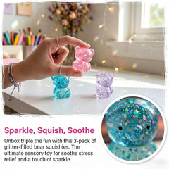 3 Pack Glitter Bear Stress Ball Squishy, Bear Sensory Stress Balls,Stress Relief Toy for Relaxing,Adorable Squishy Bears Stress Toys for Daily Relaxation, for Squishy Lovers