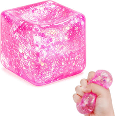 Glitter Ice Cube Squishy Fidget Toys, Squishy Cube Stress Balls for Adults & Kids, Slow Rising Stress Relief Toys, Squeeze Ball Filled with Thick Substance and Glitter (Pink)