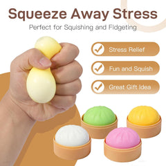 4 Pack Dumpling Squishies Toy Mystery Box Random Color, Colorful Dumplings Stress Balls Fidget Sensory Toy, Bun with Food Steamer Stretchy Desk Toys Soft Squeeze Decompression Dough for Adults Kids