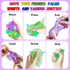 2pack Glitter Axolotls Squishies Toy, Axolotls Stress Relief Toy,Soft Squeeze Sensory Fidget Gadget for Teen & Adult, Office Desk Decor, Party Favors(Purple+Green)