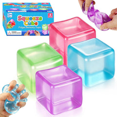 4 Pack Ice Cube Squishy, Slow Rising Fidget for Adults, Sensory Square Shape Stress Balls for Anxiety Relief Classroom Prizes Birthday Gifts Office School