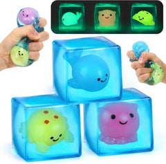 Squishy Fidget Toys Stress Cube, 3 Pack Mini Glow in The Dark Ice Cube, High Density Malt Sugar Filled Squeeze Square for Kids Adults, Quiet Fidgets for Classroom Student, Anxiety Relief Item