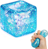 Glitter Ice Cube Squishy Fidget Toys, Squishy Cube Stress Balls for Adults & Kids, Slow Rising Stress Relief Toys, Squeeze Ball Filled with Thick Substance and Glitter (Blue)