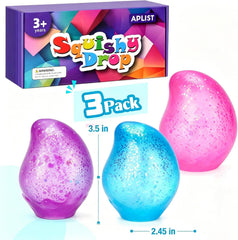 Fidget Toys Squishy Drop: 3 Pack Sensory Squeeze Toy with Glitter, High Density Super Solid Malt Sugar Filled, Stress Anxiety Relief Item for Kids Adults, Quiet Fidget Ice Drop