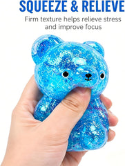 Bear Stress Ball Toy Squishy, Maltose Filled Squeeze Fidget Toy for Stress Relief, Glitter Animal Squishies with Stretchable Soft Texture for Party Favors and Sensory Play