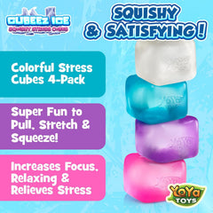 YoYa Toys Cubeez Squishy Stress Cubes 4 Pack – Sensory Fidget Toys for Kids – Fun Stretchy Squeeze Stress Balls – Colorful Ice Cube Squishies – Calming Stress Relief Toy – Great Gift for Boys & Girls