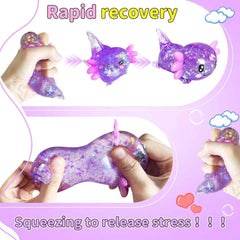 2pack Glitter Axolotls Squishies Toy, Axolotls Stress Relief Toy,Soft Squeeze Sensory Fidget Gadget for Teen & Adult, Office Desk Decor, Party Favors(Purple+Green)