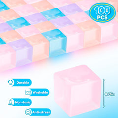 100 Pcs Mini Ice Cube Stress Balls Bulk Squeeze Square Ball Sensory Stress Relief Mini Ice Cube Prize Birthday Party Favor Bags Box Filling, 4 Colors