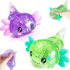 2pack Glitter Axolotls Squishies Toy, Axolotls Stress Relief Toy,Soft Squeeze Sensory Fidget Gadget for Teen & Adult, Office Desk Decor, Party Favors(Purple+Green)