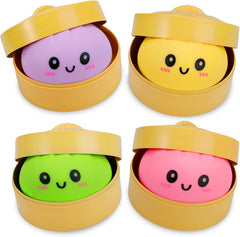 4 Pack Dumpling Squishy Stress Balls, Stress Relief Toys for Adults Boys Girls, Steamer Basket Design and Squeezable Bun with Cute Smile Face, Sensory Fidget Toys for Kids Party Favors Gifts