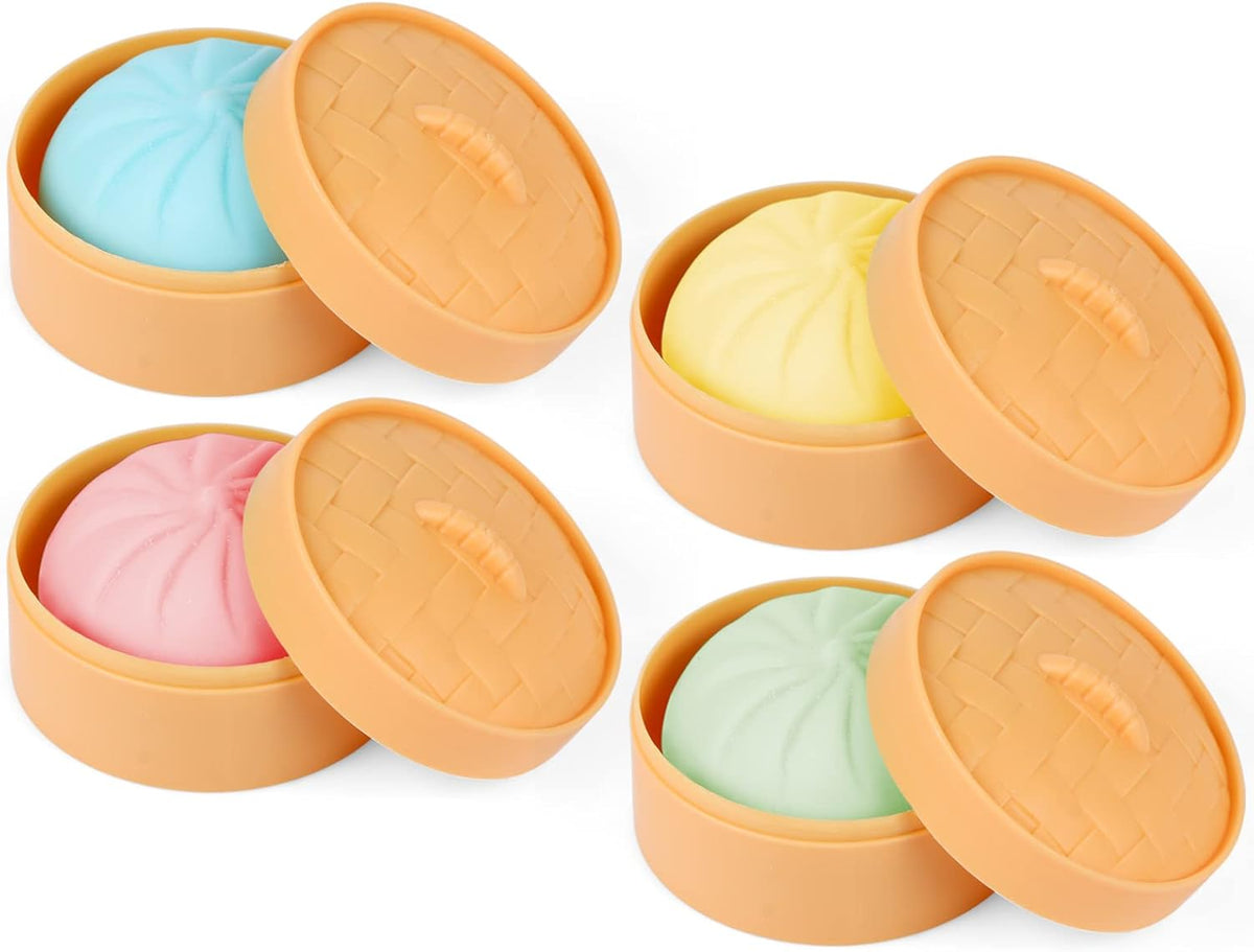 MEIEST 4 PCS Colorful Dumpling Stress Balls Fidget Sensory Toy,Squeeze Dough Ball Stress Relief Hand Toy,Bun with Food Steamer Stretchy Desk Toys