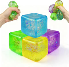 Anditoy 4 Pack Squishy Stress Cube Giant Stress Balls Glitter Squeeze Toy Sensory Fidget Toys for Adults Kids Stress Relief Party Favors Birthday Gifts