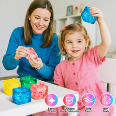4 Pack Fidget Toy Stress Cube, Slow Rise Stress Balls Ice Cube,Mellow and Chill,Square Squishy Balls for Anxiety Relief,Cube Squishy,Prize Box Toys for Kids Classroom Birthday Gifts Party Favors