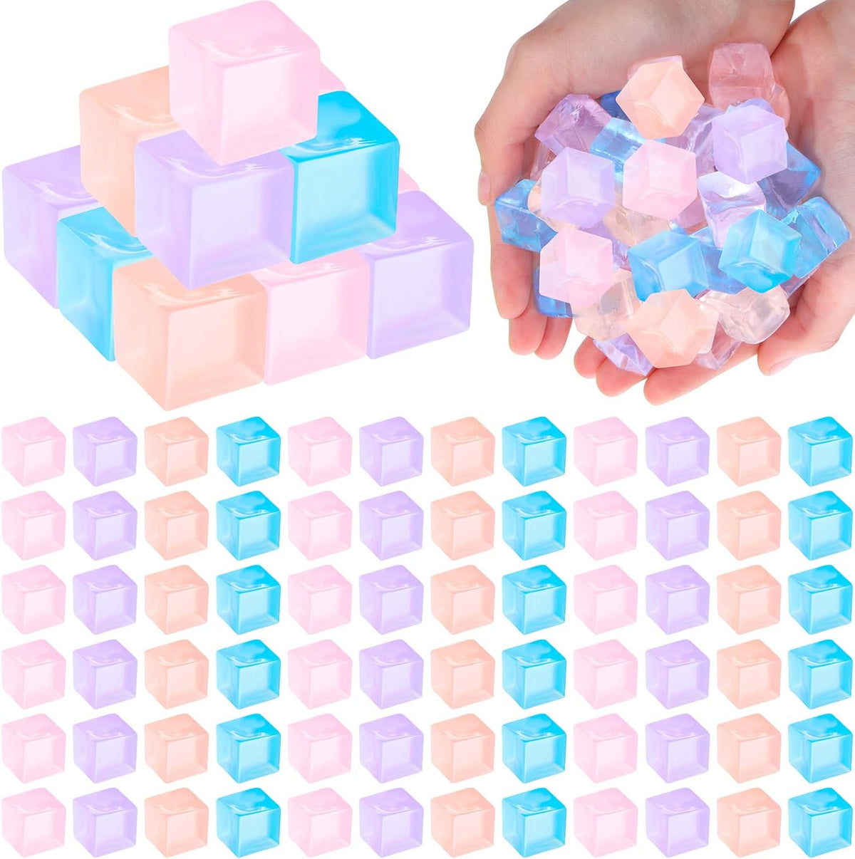 100 Pcs Mini Ice Cube Stress Balls Bulk Squeeze Square Ball Sensory Stress Relief Mini Ice Cube Prize Birthday Party Favor Bags Box Filling, 4 Colors