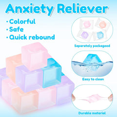 100 Pcs Mini Ice Cube Stress Balls Bulk Squeeze Square Ball Sensory Stress Relief Mini Ice Cube Prize Birthday Party Favor Bags Box Filling, 4 Colors