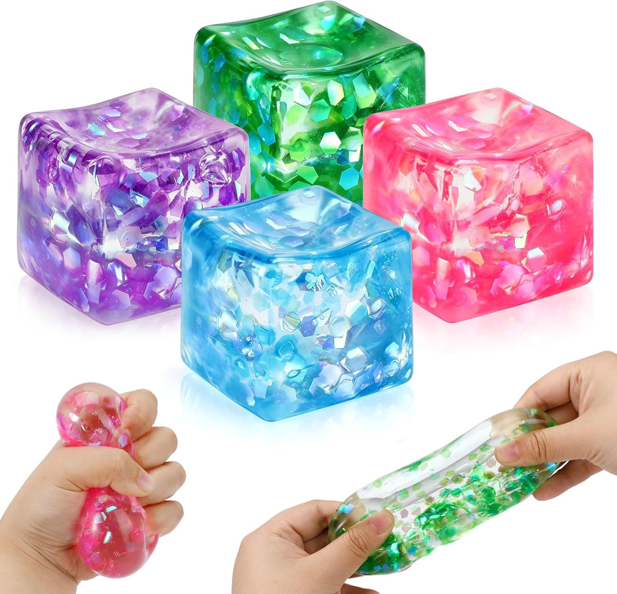 4 Pack Glitter Ice Cube Squishy, Slow Rising Stress Relief Toys, Square Stree Balls Fidget Toys for Adults Boys Girls, Squeeze Ball Sensory Toys for Kids with Autism, Party Favors Gifts
