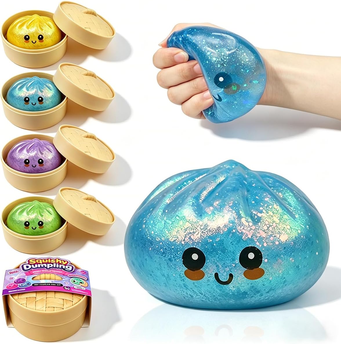 Anditoy Dumpling Stress Balls Glitter Squishy Toys Giant Squishy Mystery Box Squeeze Toys for Adults Stress Relief Desk Toys Kids Party Favors Birthday Gifts (Blue)