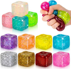 12 Pack Glitter Stress Cube Fidget Toys - Sensory Squeeze Toys for Stress & Anxiety Relief, Squishy Ice Cube Fidgets for Calm, Focus, Sensory Toys for Kids & Adults