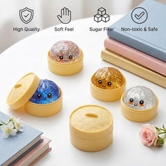 4 Pack Glitter Squishy Toys Dumpling Mystery Box Set — Slow Rising Kawaii Dumpling Stress Balls with Steamer Box, Cute Fidget Sensory Toys for Kids & Adults