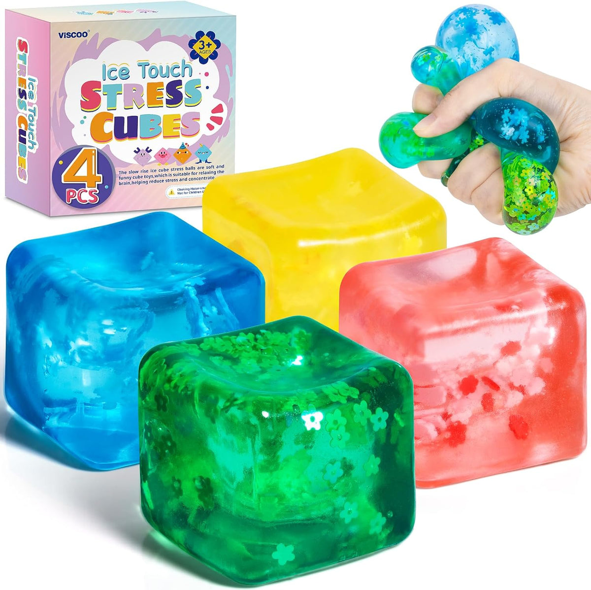 4 Pack Fidget Toy Stress Cube, Slow Rise Stress Balls Ice Cube,Mellow and Chill,Square Squishy Balls for Anxiety Relief,Cube Squishy,Prize Box Toys for Kids Classroom Birthday Gifts Party Favors