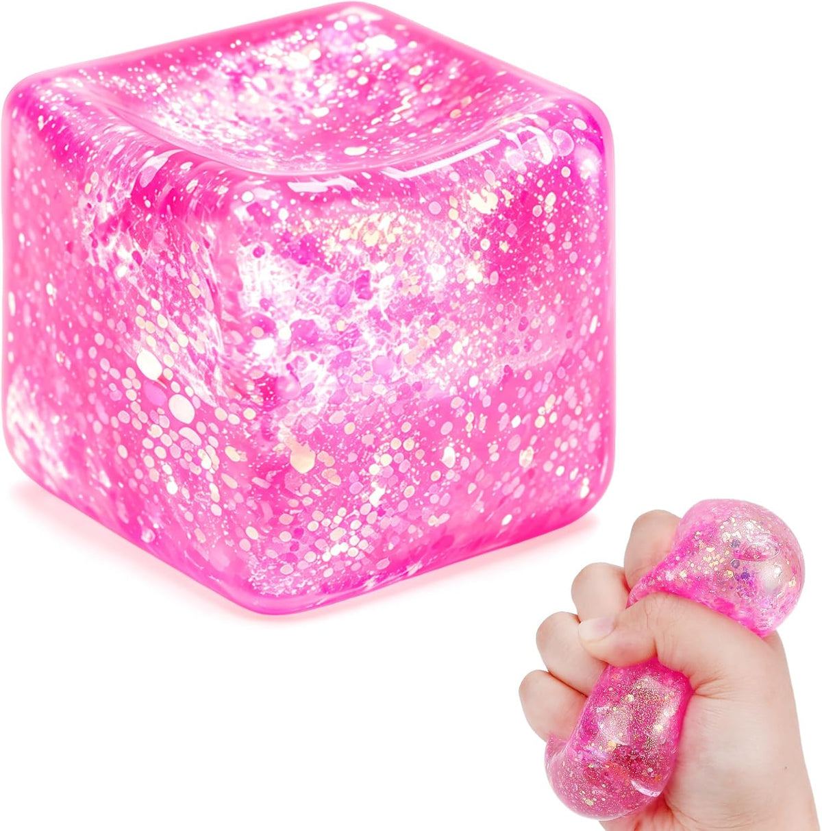 Glitter Ice Cube Squishy Fidget Toys, Squishy Cube Stress Balls for Adults & Kids, Slow Rising Stress Relief Toys, Squeeze Ball Filled with Thick Substance and Glitter (Pink)