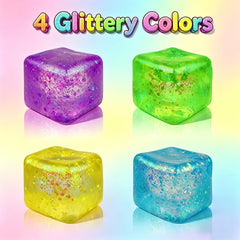 Anditoy 4 Pack Squishy Stress Cube Giant Stress Balls Glitter Squeeze Toy Sensory Fidget Toys for Adults Kids Stress Relief Party Favors Birthday Gifts