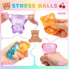VISCOO 4 Pack Stress Bear Squishy Ball, Sugar Filled Gummy Bear Toys, Taba Squishy Toys for Kids Stress Relief, High Density Stress Balls for Calming - Soft Squeeze Balls Party Favors Birthday Gifts