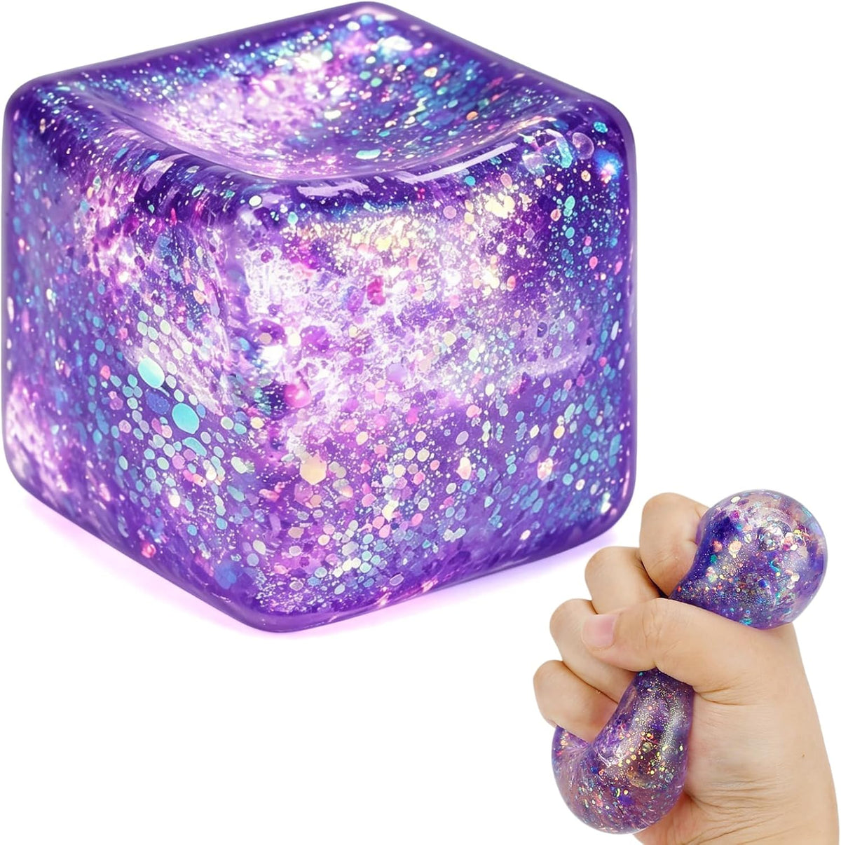 Glitter Ice Cube Squishy Fidget Toys, Squishy Cube Stress Balls for Adults & Kids, Slow Rising Stress Relief Toys, Squeeze Ball Filled with Thick Substance and Glitter (Purple)