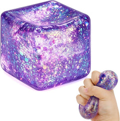 Glitter Ice Cube Squishy Fidget Toys, Squishy Cube Stress Balls for Adults & Kids, Slow Rising Stress Relief Toys, Squeeze Ball Filled with Thick Substance and Glitter (Purple)