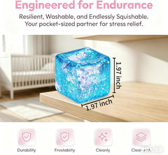 Glitter Ice Cube Squishy Fidget Toys, Squishy Cube Stress Balls for Adults & Kids, Slow Rising Stress Relief Toys, Squeeze Ball Filled with Thick Substance and Glitter (Blue)