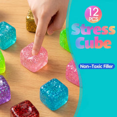 12 Pack Glitter Stress Cube Fidget Toys - Sensory Squeeze Toys for Stress & Anxiety Relief, Squishy Ice Cube Fidgets for Calm, Focus, Sensory Toys for Kids & Adults