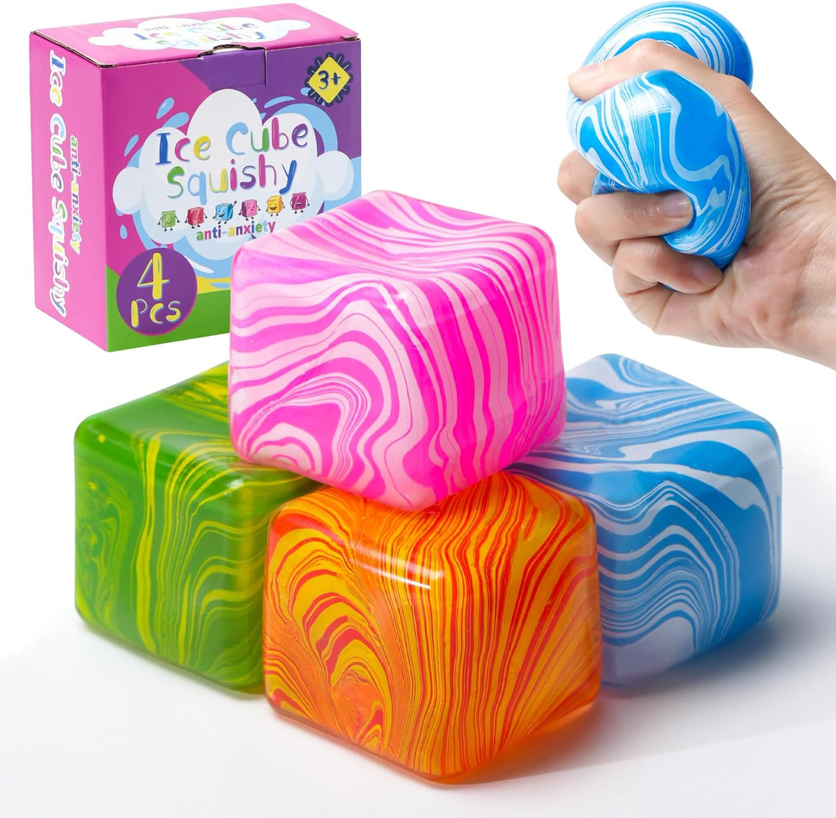 Stress Balls 2" Stress Cube Squishy Fidget Toys for Anxiety Stress Relief, Squeeze Toys Sensory squishies for Classroom Prizes, Slow Rising fidgets Toy Gift for Adults Kids, 4 Packs