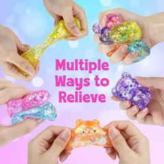 4 Pcs Gummy Bears Squishy, Glitter Bears Stress Ball, Slow Rise Stress Relief Fidget Toys, Soft Mini Bear Squishy Toys for Anxiety Relief, Gummy Bear Party Favors, Goodie Bag Fillers Kids and Adults
