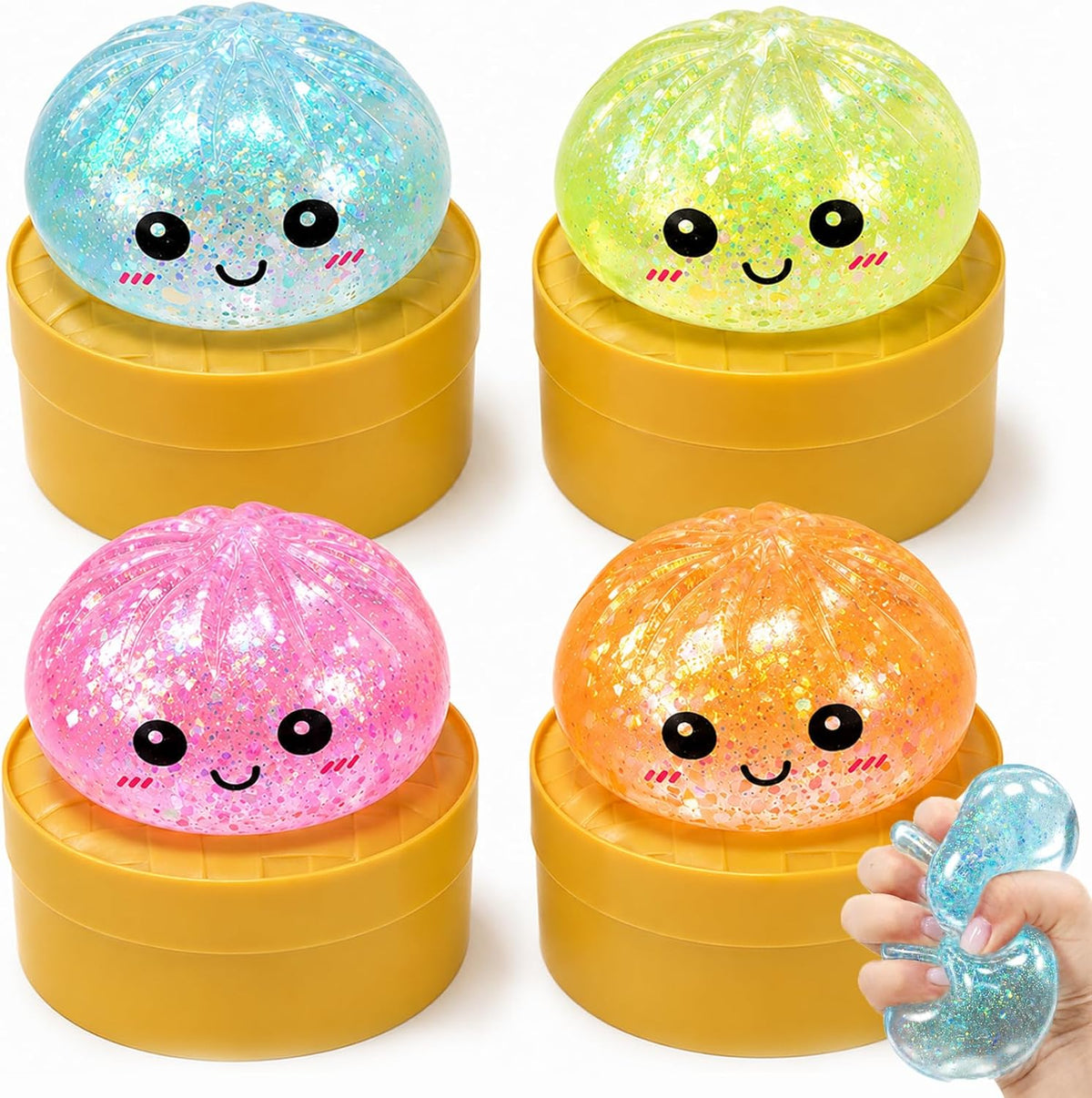 4pcs Dumpling Glitter Squishy,Sugar Dumplings Squeeze Toys,Fidget Sensory Toy for Teens,Boys,Girls,Adults Slow Rising Anxiety Relief,Desk Stress Balls