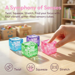 Glitter Ice Cube Squishy Fidget Toys, Squishy Cube Stress Balls for Adults & Kids, Slow Rising Stress Relief Toys, Squeeze Ball Filled with Thick Substance and Glitter (Purple)