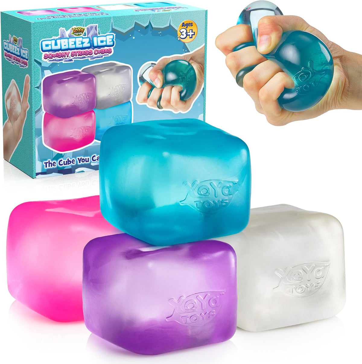 YoYa Toys Cubeez Squishy Stress Cubes 4 Pack – Sensory Fidget Toys for Kids – Fun Stretchy Squeeze Stress Balls – Colorful Ice Cube Squishies – Calming Stress Relief Toy – Great Gift for Boys & Girls
