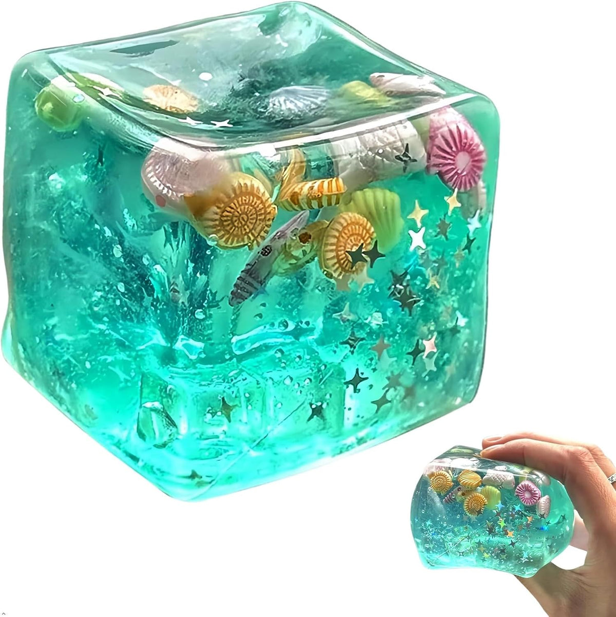 Ice Cube Cube Fidget Toys - Sensory Toys for Kids with Real Sea Shells, Squishy Fidget Toy for Kids & Adults | Non-Toxic Squeeze Ball for Anxiety, Focus & Calm for School, Office