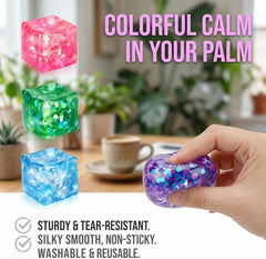 4 Pack Glitter Ice Cube Squishy, Slow Rising Stress Relief Toys, Square Stree Balls Fidget Toys for Adults Boys Girls, Squeeze Ball Sensory Toys for Kids with Autism, Party Favors Gifts