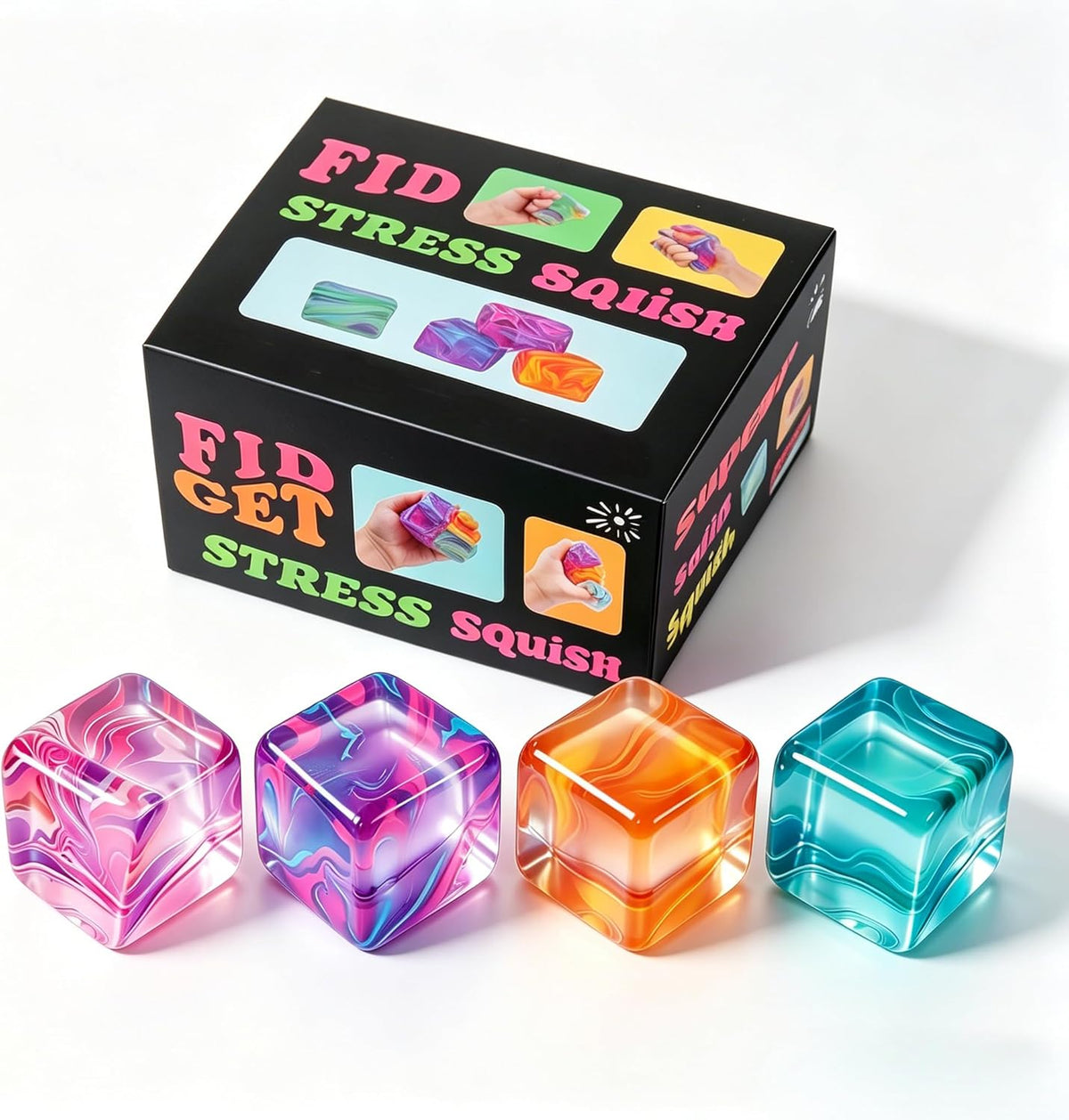 4Pack Fidget Toys Mini Squishy Stress Cube, Stress Balls for Kids, Adults Squishies Anxiety Stress Relief, Ice Squishy Cube Sugar Balls, Sensory Toys for Kids with Autism, Fidgets for Classroom Prize