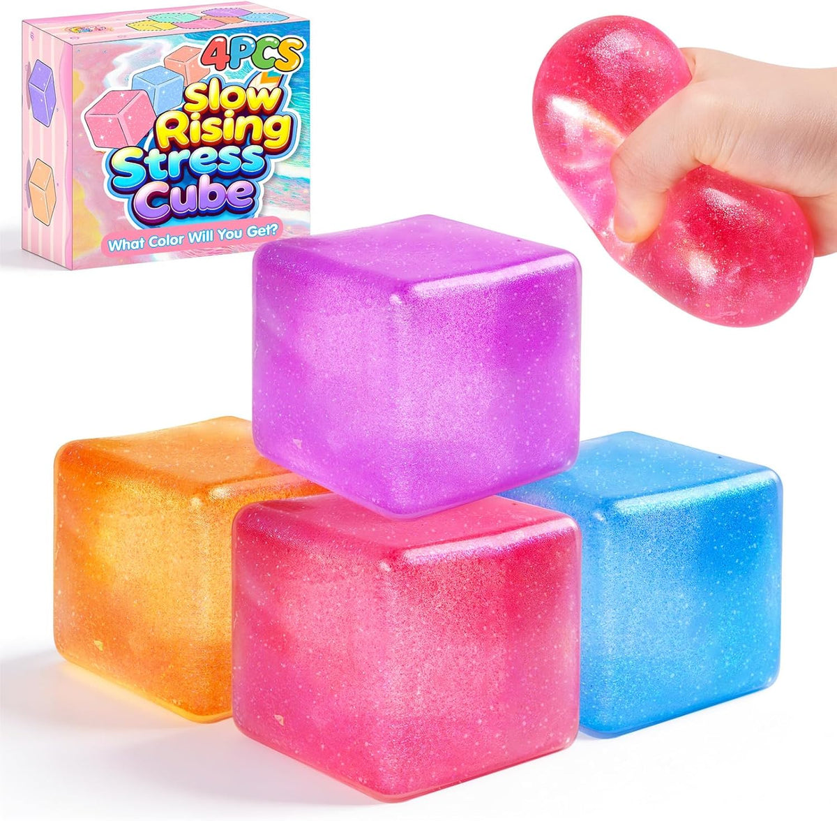 4 Pack Big Ice Cube Squishy Toys, 4 Color Glitter Stress Cube Fidget Toys, 2.2 inch Sensory Squeeze Toys, Squishy Cube Pack for Kids Adult Anxiety Stress Relief, Quiet Fidgets for Classroom Home