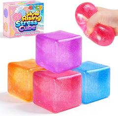 4 Pack Big Ice Cube Squishy Toys, 4 Color Glitter Stress Cube Fidget Toys, 2.2 inch Sensory Squeeze Toys, Squishy Cube Pack for Kids Adult Anxiety Stress Relief, Quiet Fidgets for Classroom Home