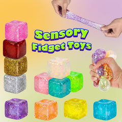 12 Pack Glitter Stress Cube Fidget Toys - Sensory Squeeze Toys for Stress & Anxiety Relief, Squishy Ice Cube Fidgets for Calm, Focus, Sensory Toys for Kids & Adults