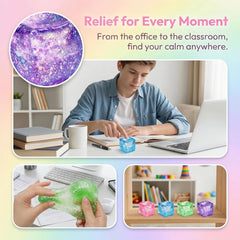 Glitter Ice Cube Squishy Fidget Toys, Squishy Cube Stress Balls for Adults & Kids, Slow Rising Stress Relief Toys, Squeeze Ball Filled with Thick Substance and Glitter (Blue)